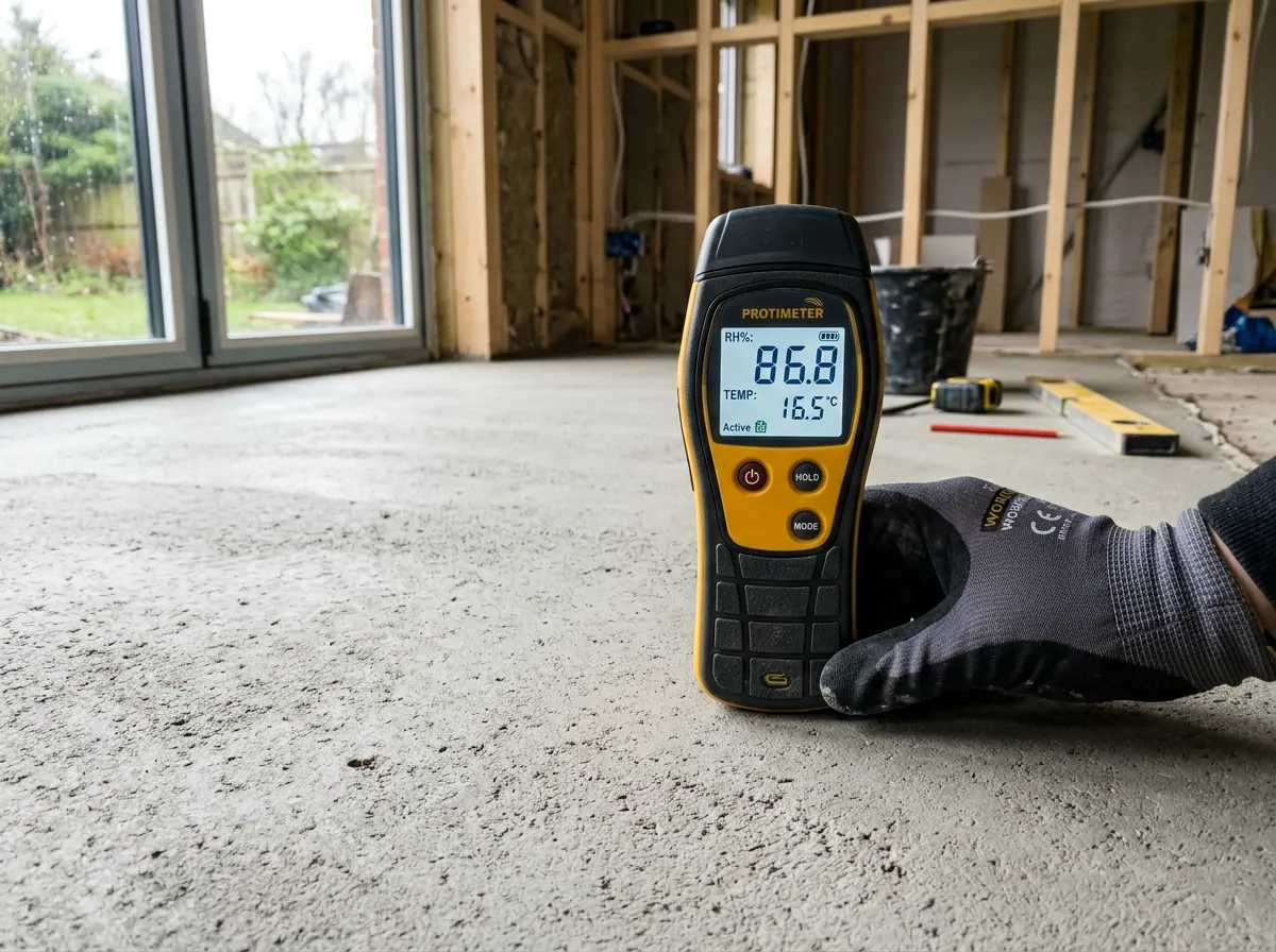 A digital hygrometer testing the relative humidity of a concrete screed before flooring installation