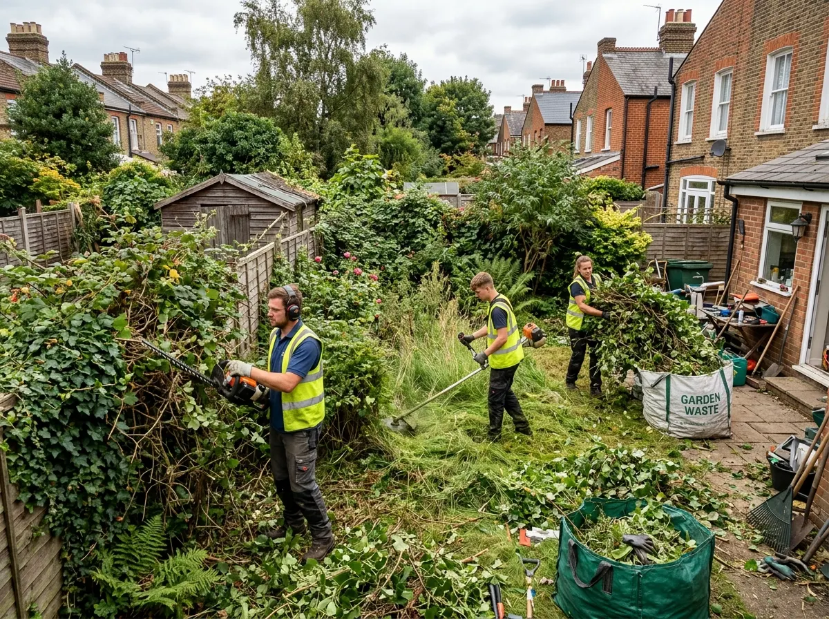 A normal overgrown british back garden being cleared by a team of landscapers