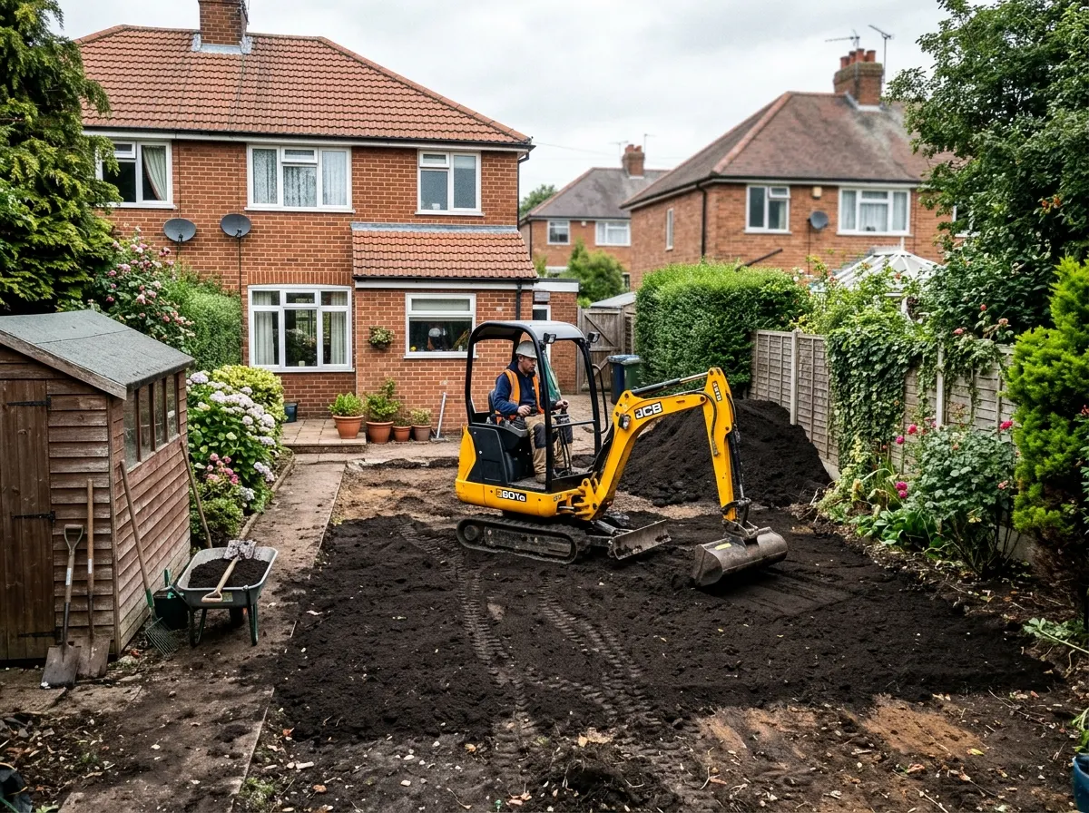 A micro-digger excavating and levelling a sloped residential garden ready for topsoil