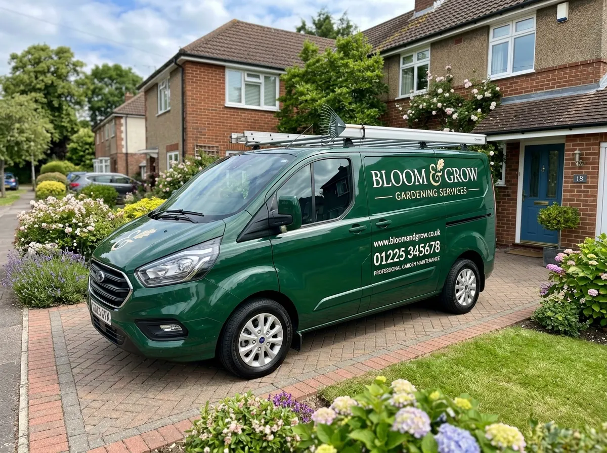 A spotlessly clean, professionally signwritten gardening van parked on a residential driveway