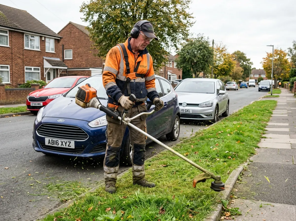A gardener using a commercial strimmer near parked cars, demonstrating the need for public liability insurance