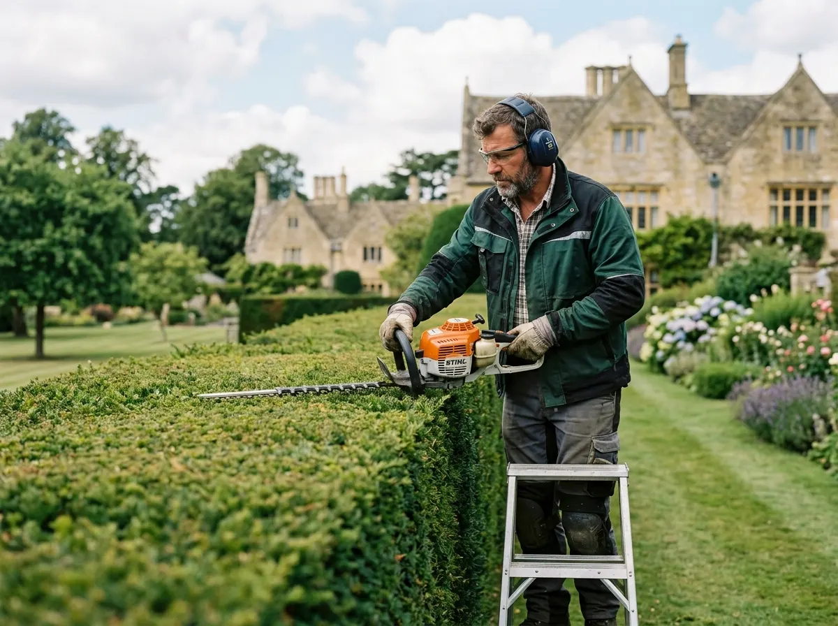 A professional gardener carefully trimming a formal hedge in a large domestic estate garden