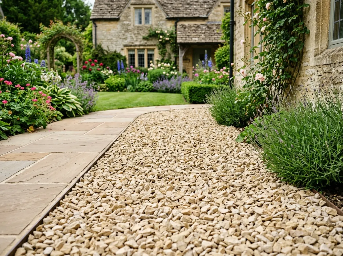 Decorative Cotswold stone chippings over a heavy-duty commercial weed membrane