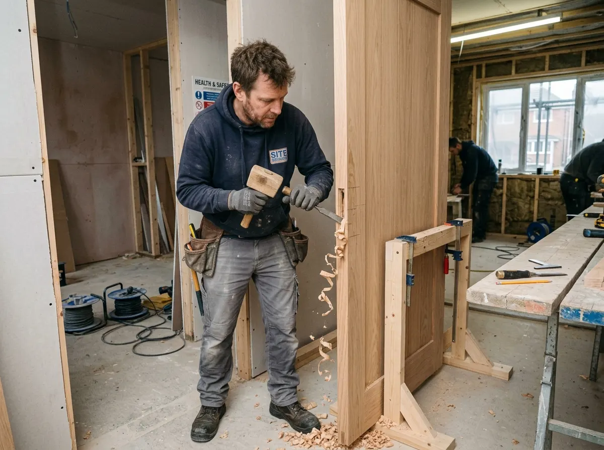 A carpenter using a chisel to cut a hinge recess into a solid oak internal door