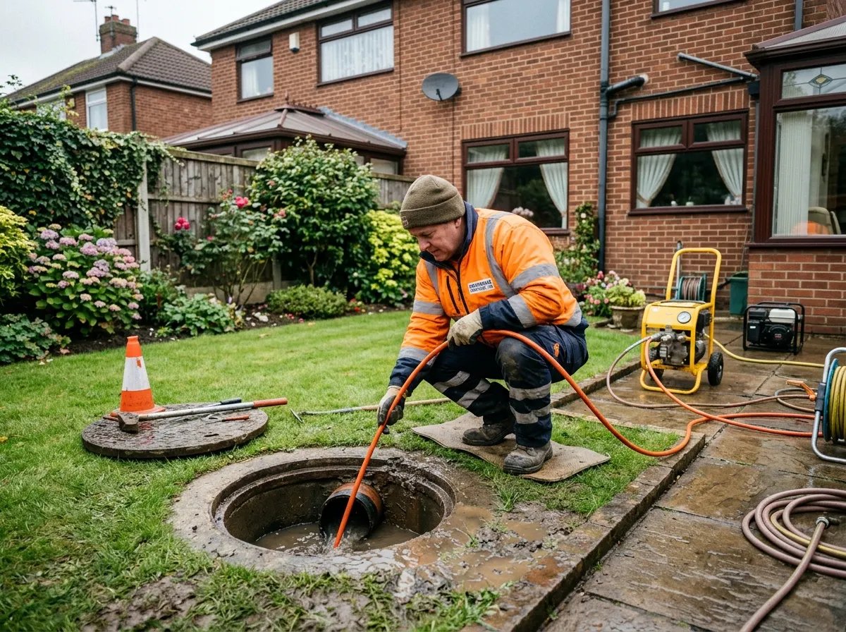 A UK drainage engineer using high-pressure water jetting hoses to clear a blocked underground drain