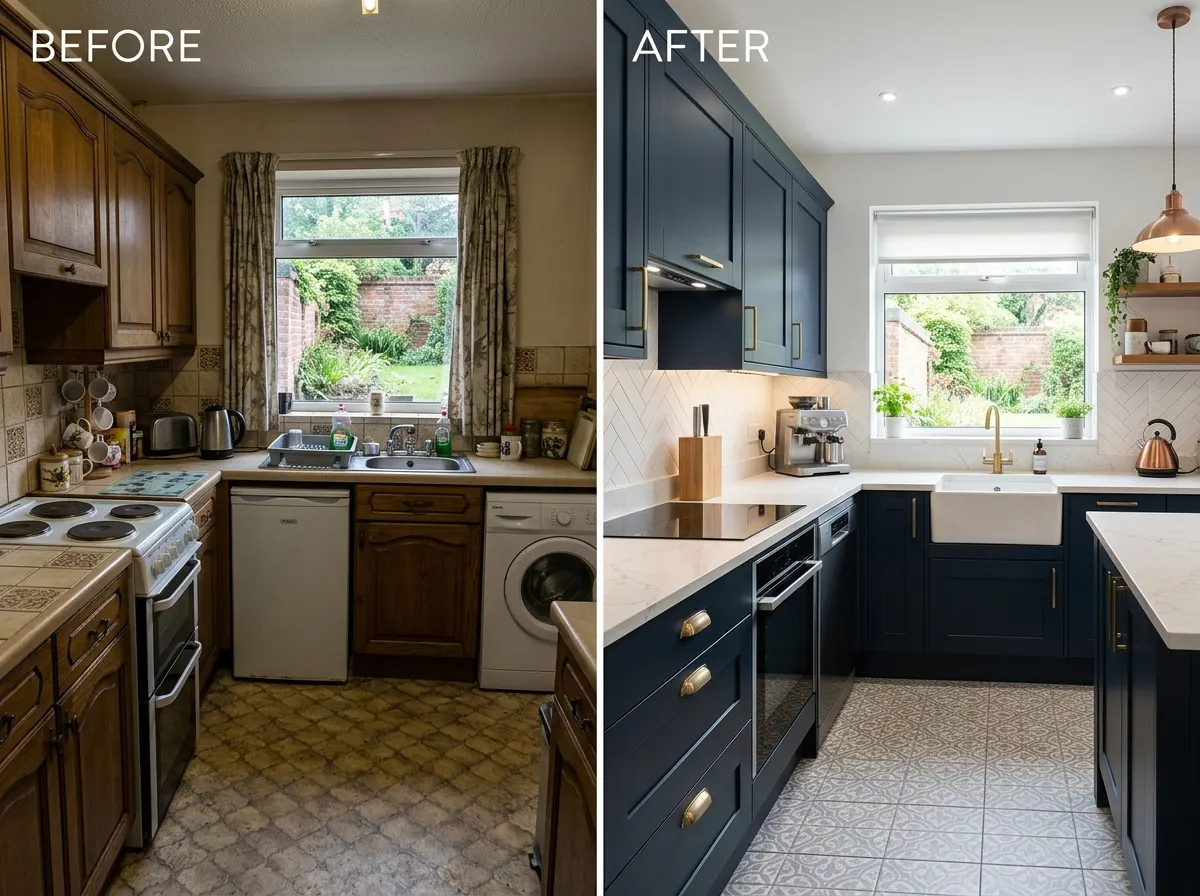 A split screen image showing a dilapidated garden next to a newly landscaped pristine patio