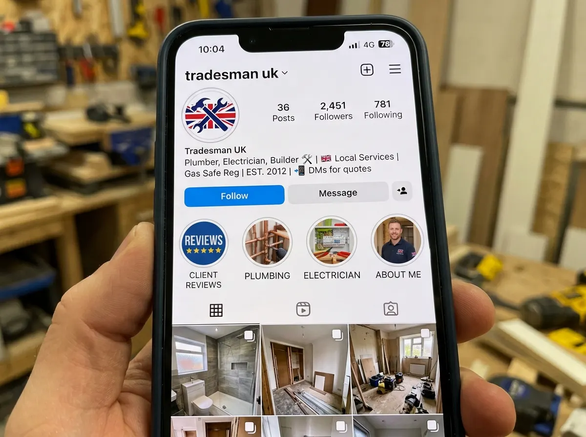 Instagram profile showing neatly categorised highlight bubbles for different trade services