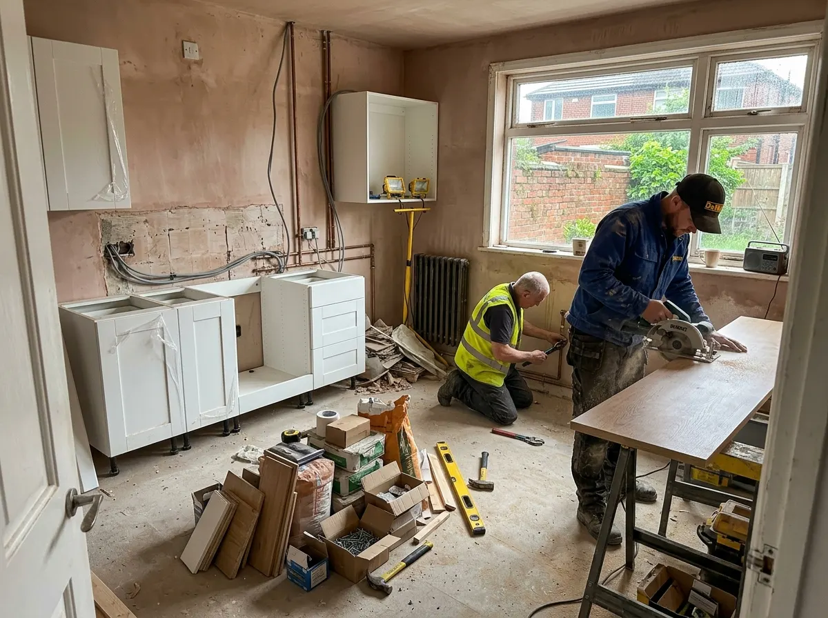 A tradesperson recording a short selfie video on site explaining the progress of a house extension