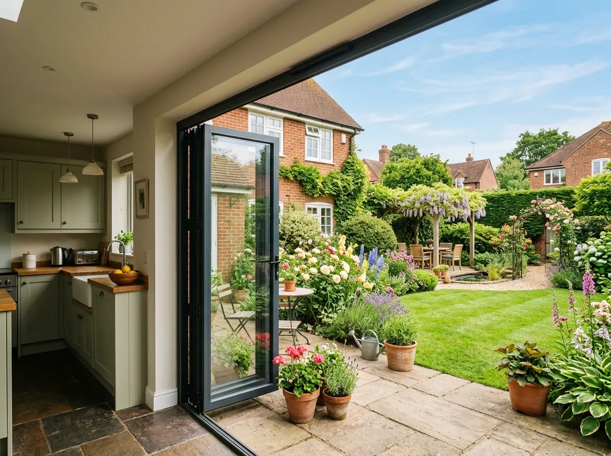 Fitters lifting heavy triple-glazed aluminium bifold doors into a new house extension