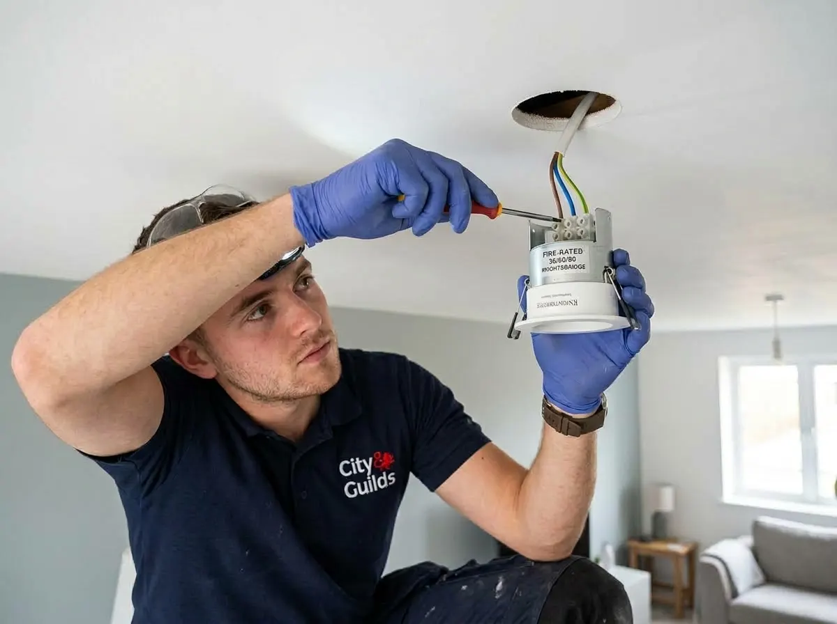 A UK electrician wiring a fire-rated LED downlight into a residential plasterboard ceiling