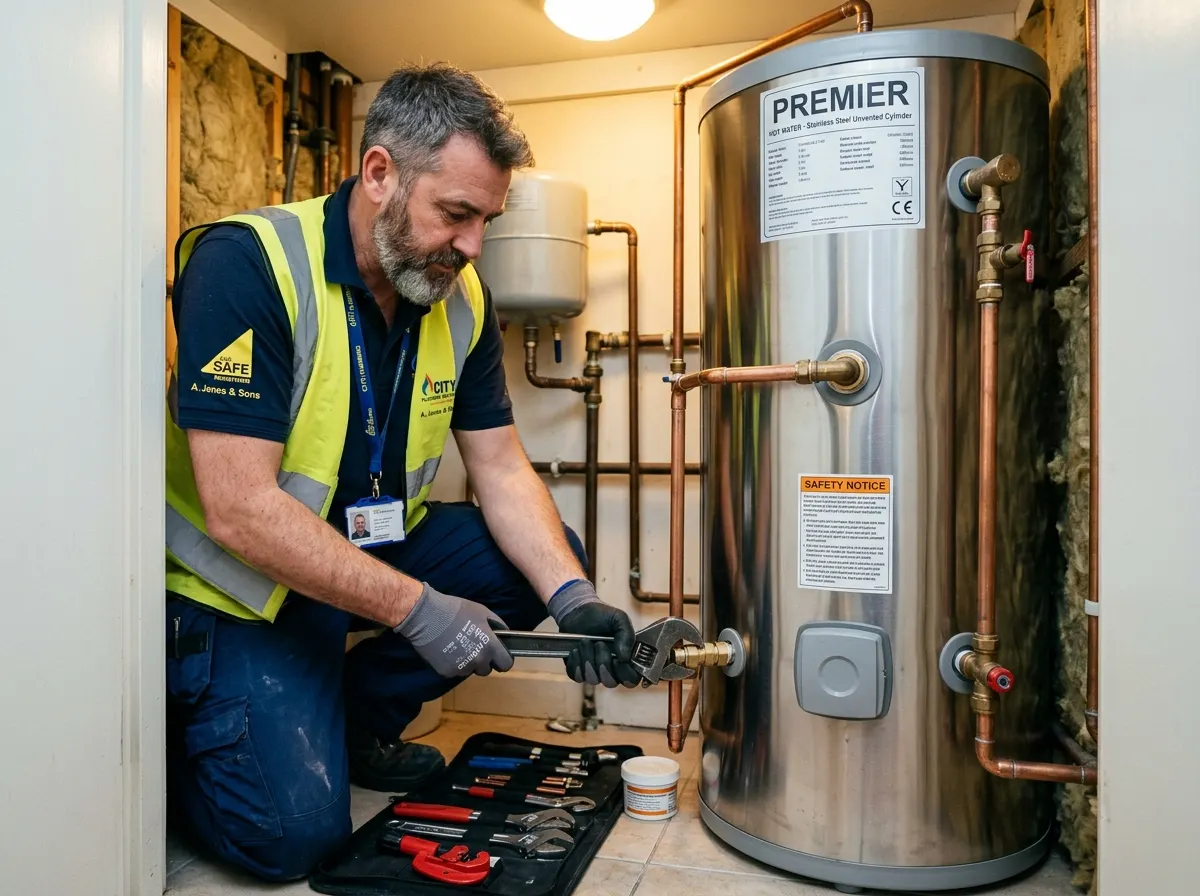 A qualified UK plumber installing an unvented stainless steel hot water cylinder showing expansion vessel and tundish discharge