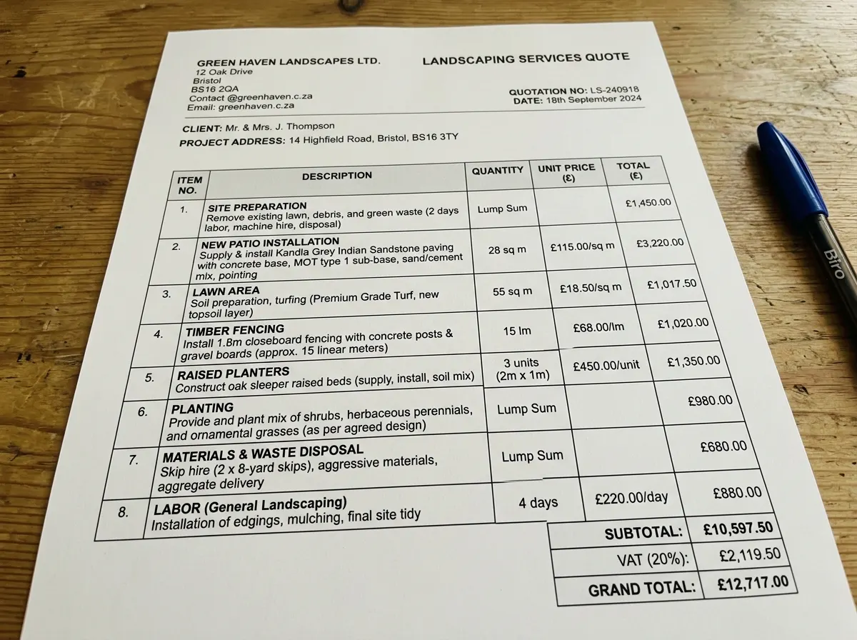 A highly detailed itemised digital quote showing material and labour breakdowns