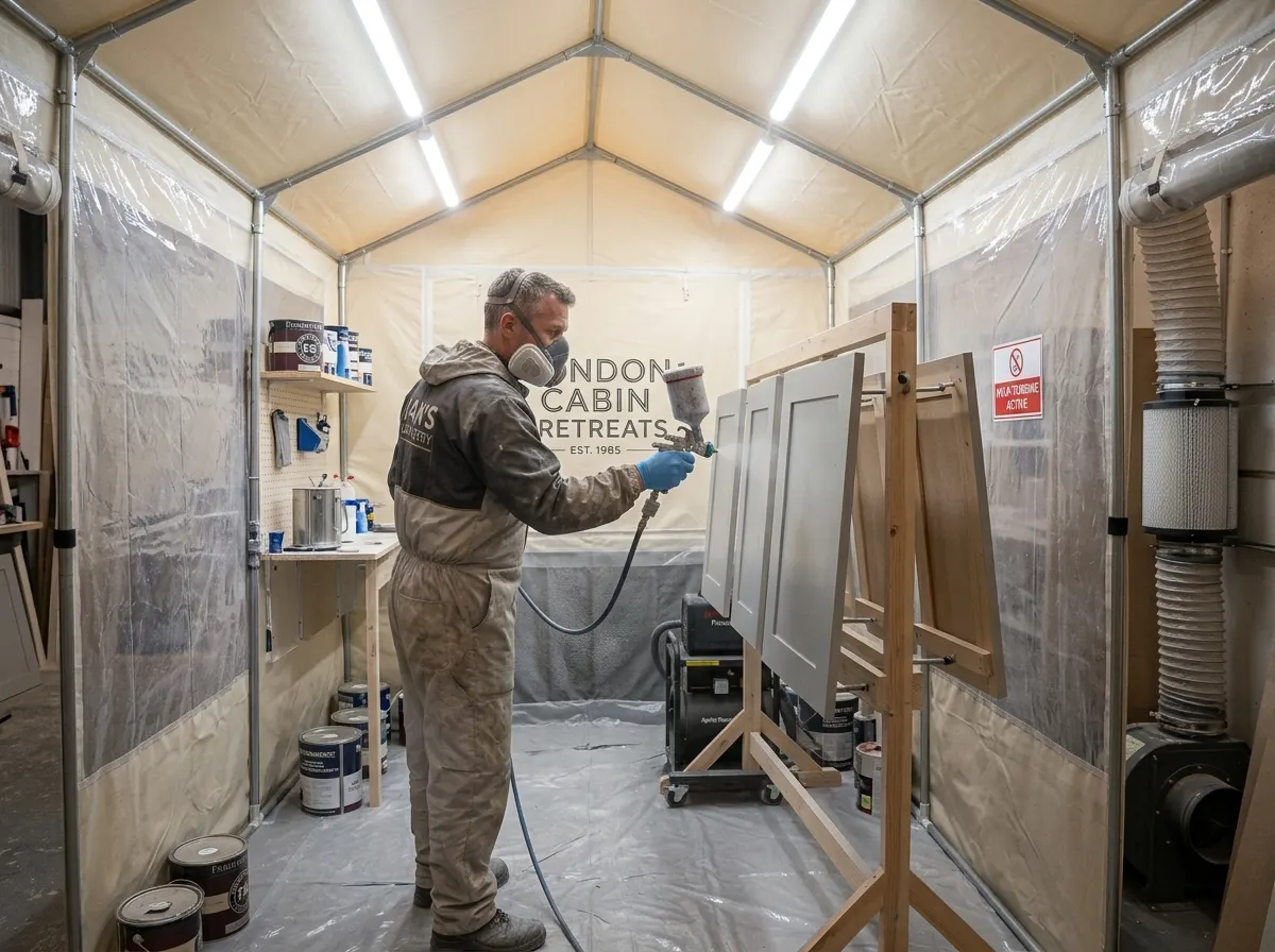 A professional decorator using an HVLP spray gun to paint kitchen cabinet doors in a filtered workshop tent