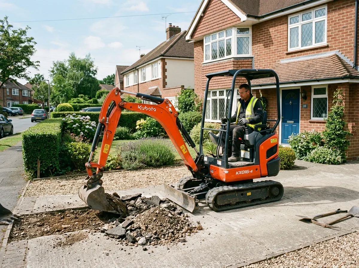A mini digger being operated on a residential driveway excavation project
