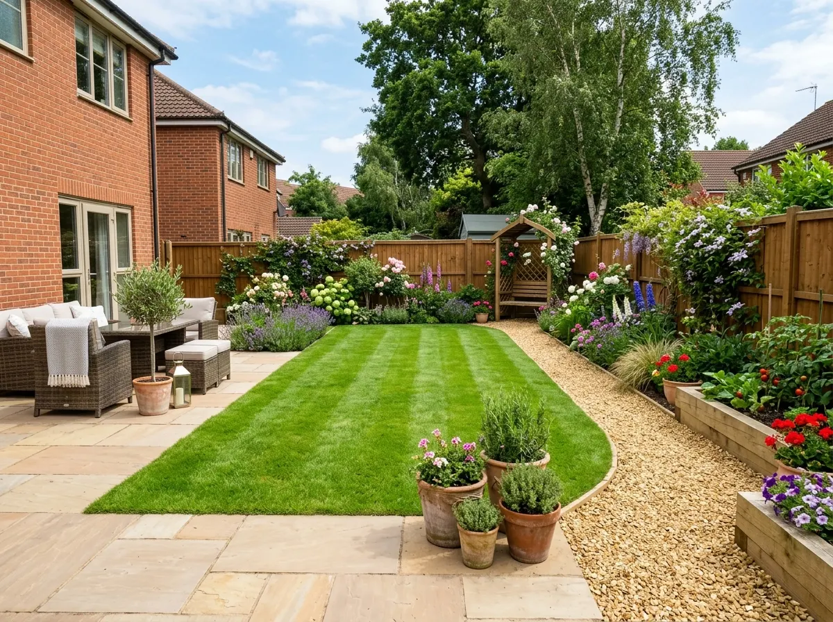 A professional landscaper surveying a garden site with plans and laser level equipment