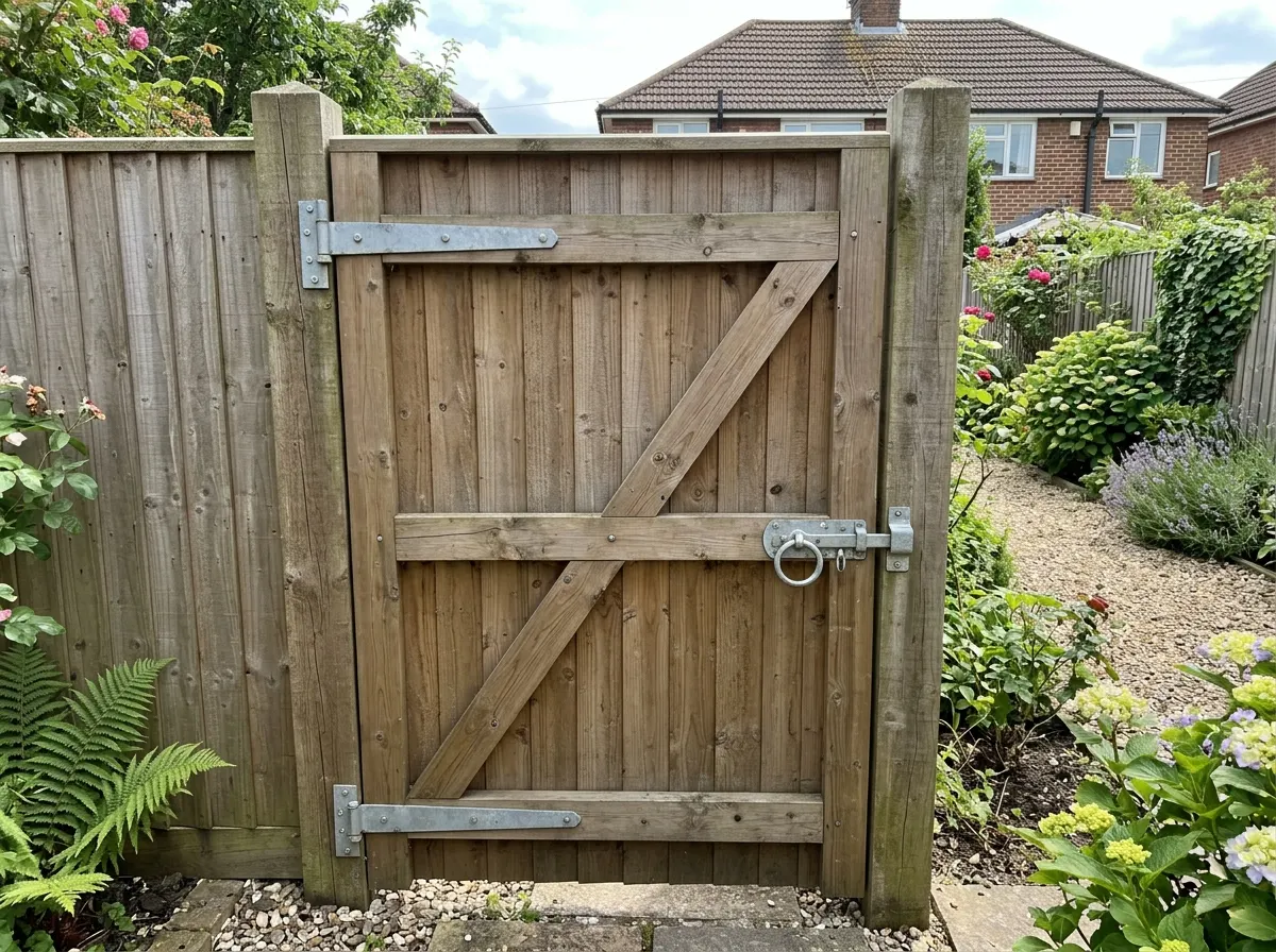 Framed, ledged and braced timber side gate hung on heavy duty posts with galvanized ironmongery