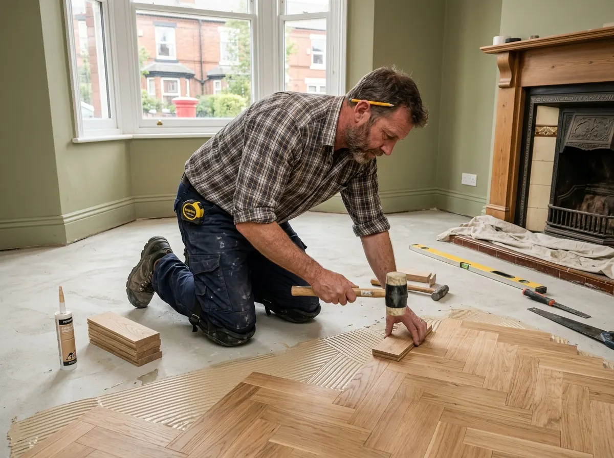 A finish carpenter laying solid oak herringbone parquet flooring over a prepared screed