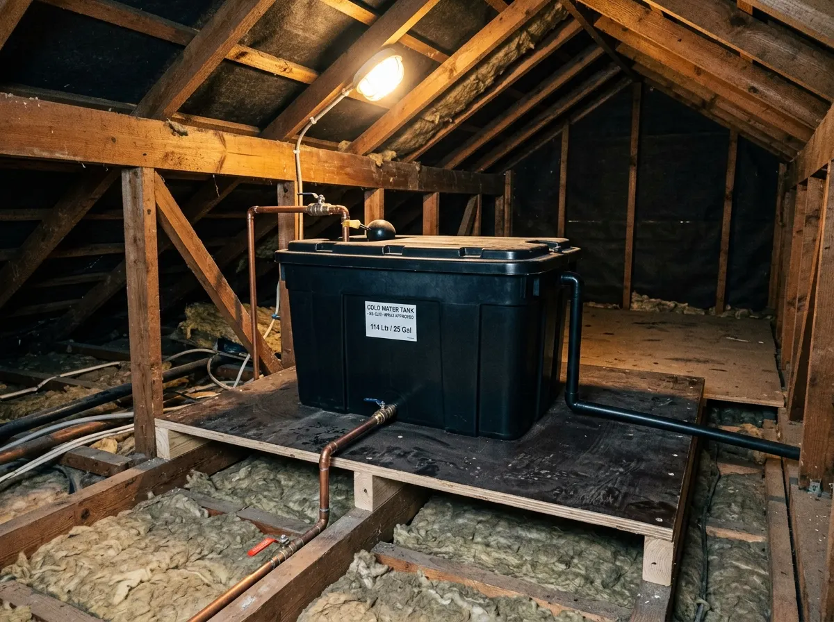 Plumber fitting an insulated Byelaw 30 compliant cold water storage tank onto marine plywood platforms in a loft