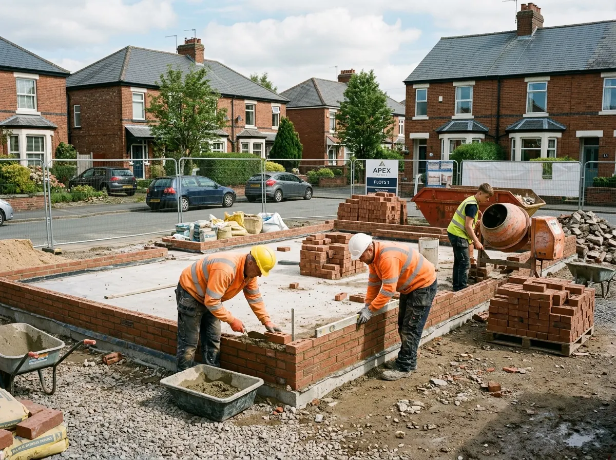 A new build structure being erected by British builders on a residential new build construction site
