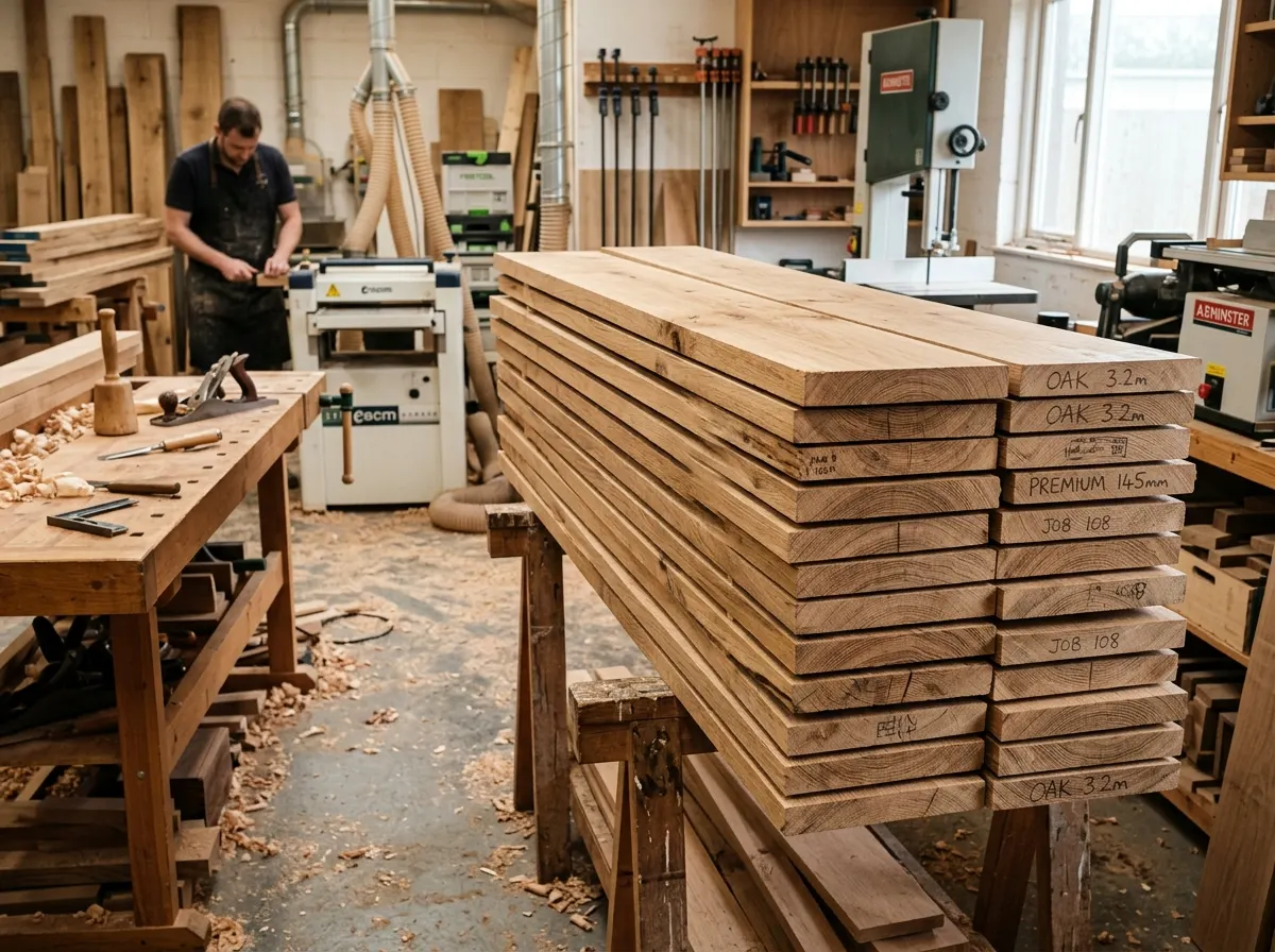 A stack of premium planed solid oak hardwood timber boards in a UK joinery workshop