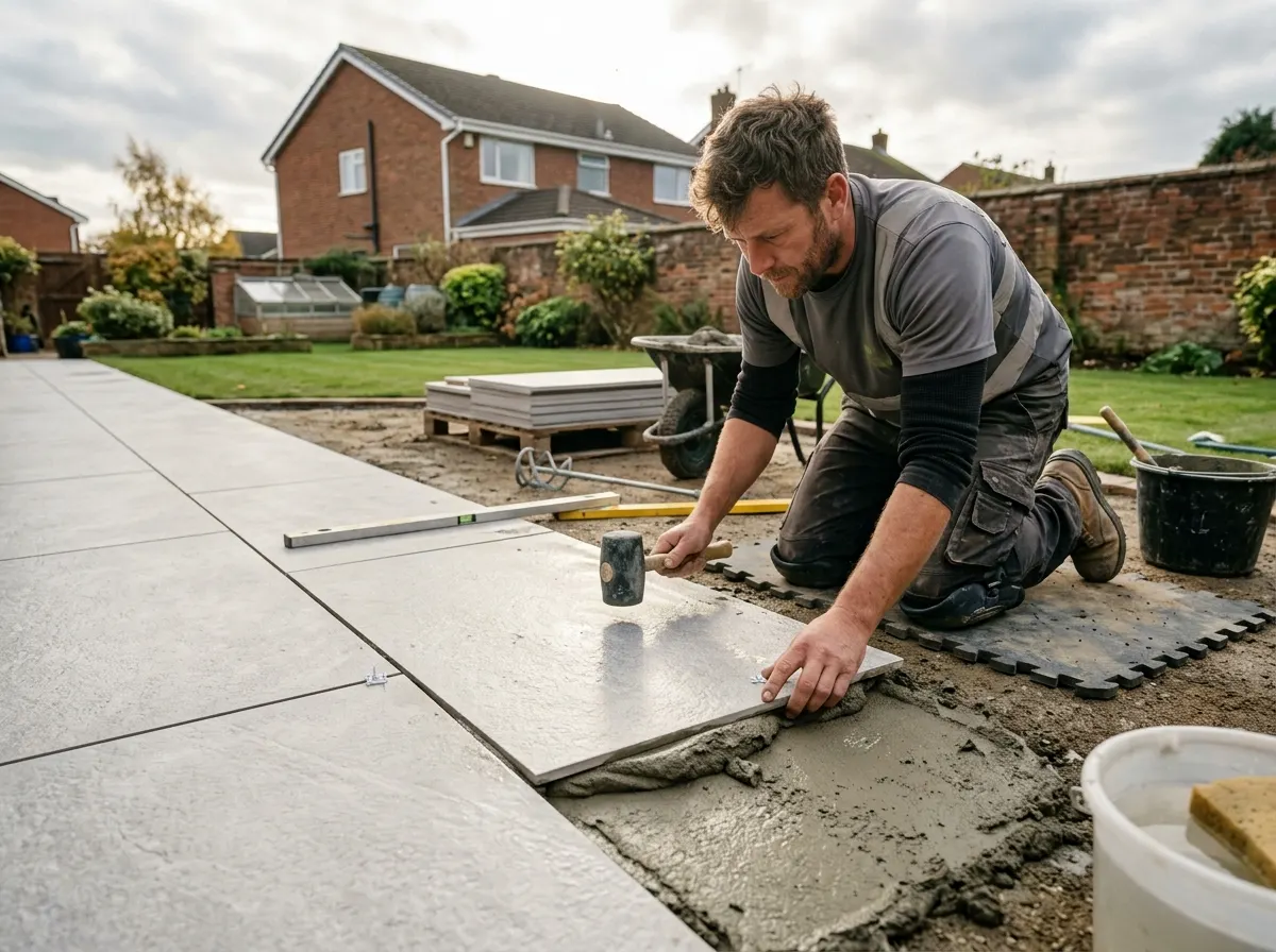 A landscaper or tiler laying heavy 20mm outdoor porcelain patio slabs on a solid mortar bed