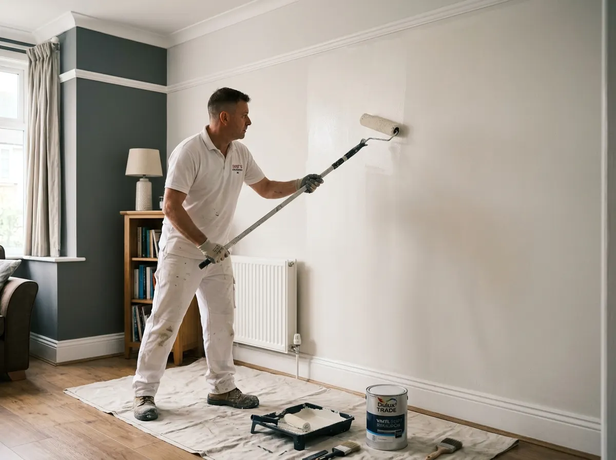 Professional UK painter rolling smooth trade emulsion paint onto a living room wall