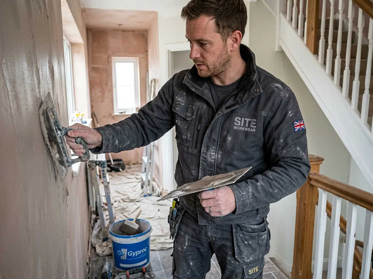 A spotlessly clean plasterer in modern dark grey workwear rather than traditional messy whites