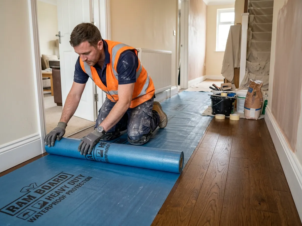 A decorator laying down heavy duty waterproof floor protection to prevent water and plaster damage