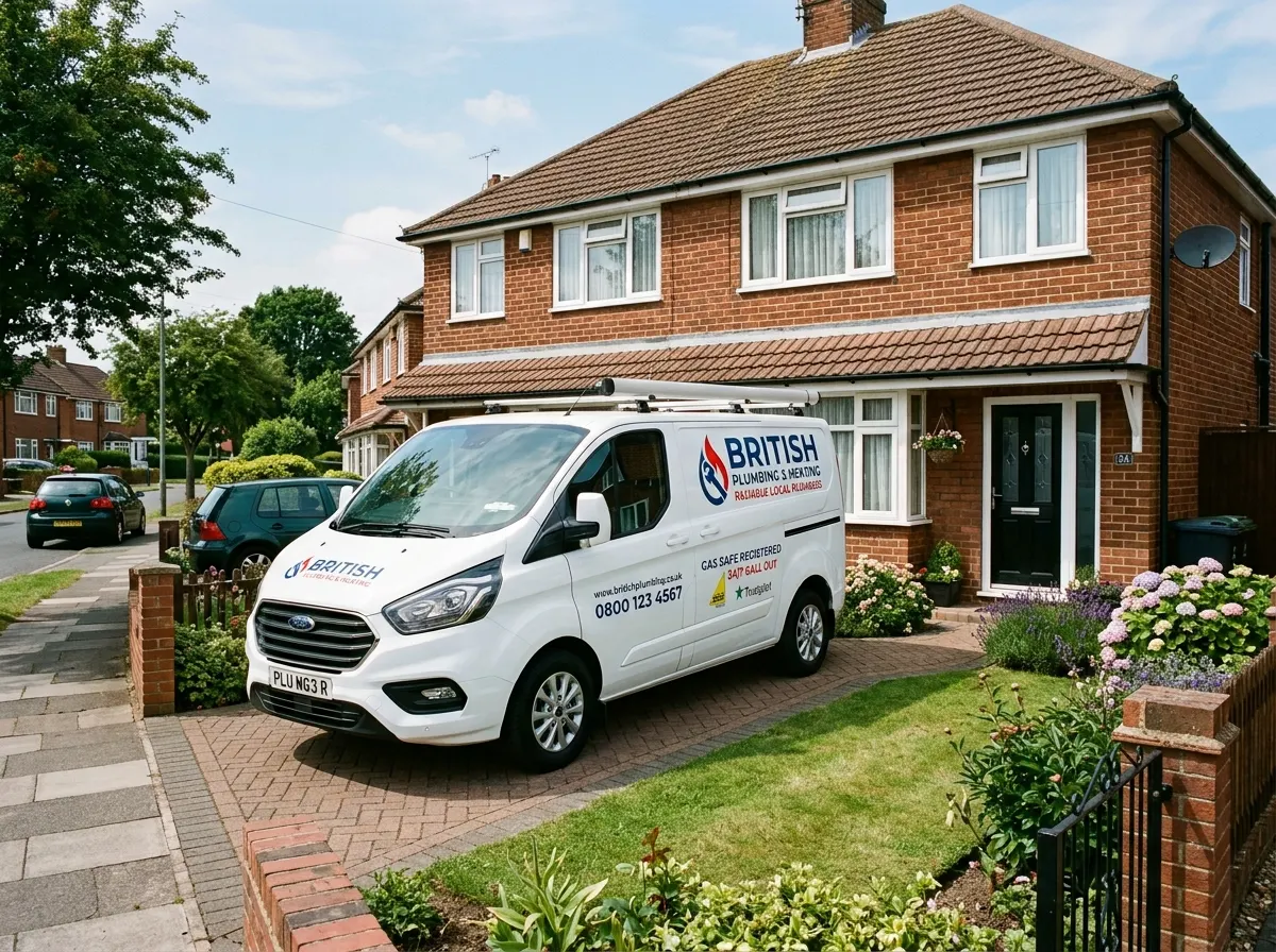 A clean, professionally signwritten plumbing and heating van parked outside a residential property