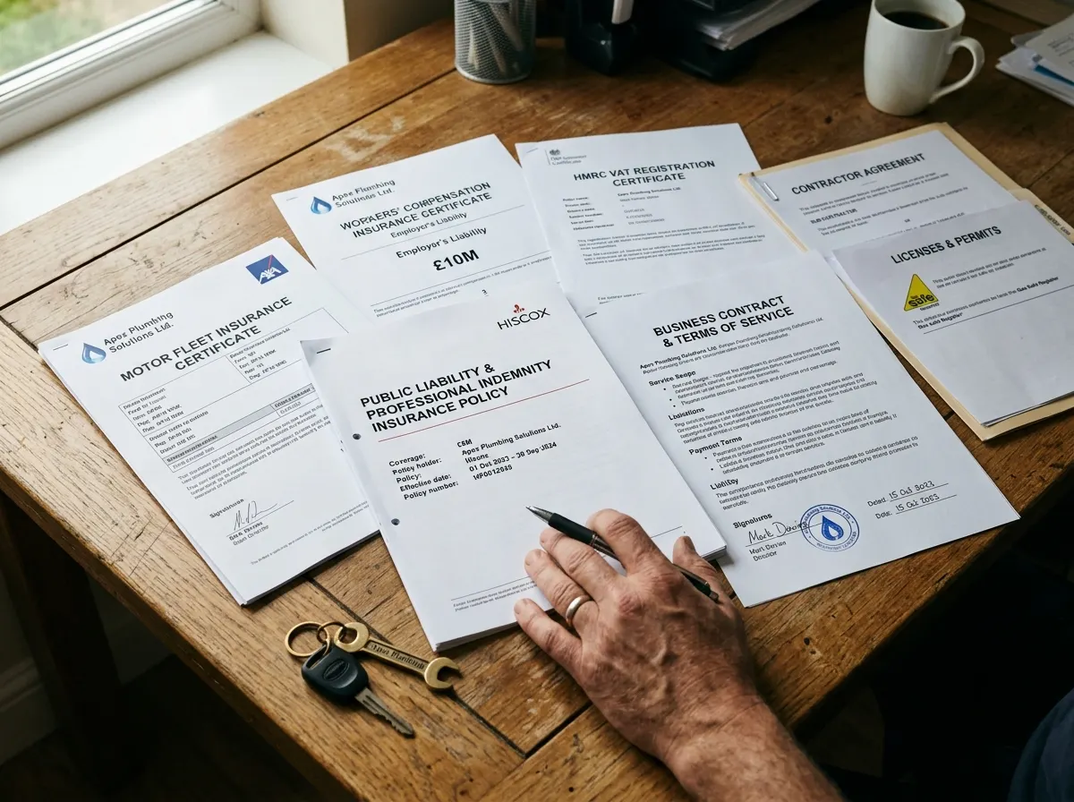 A tradesperson reviewing public liability insurance documents on a clipboard next to a toolkit