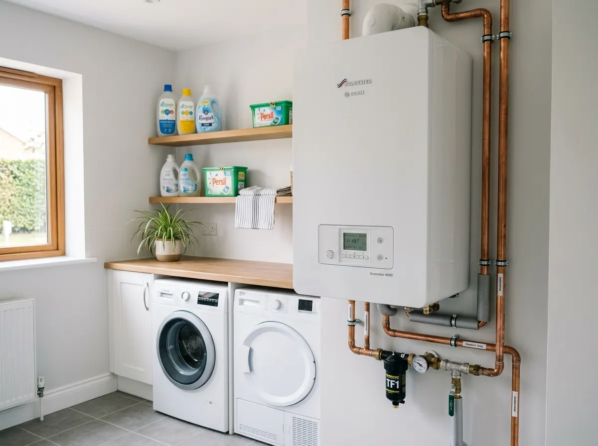 A professional plumber inspecting a modern boiler installation