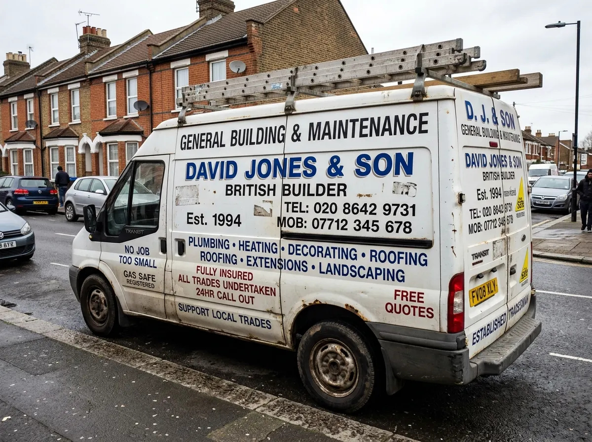 A cluttered van with peeling vinyl, too much text, and hard-to-read fonts