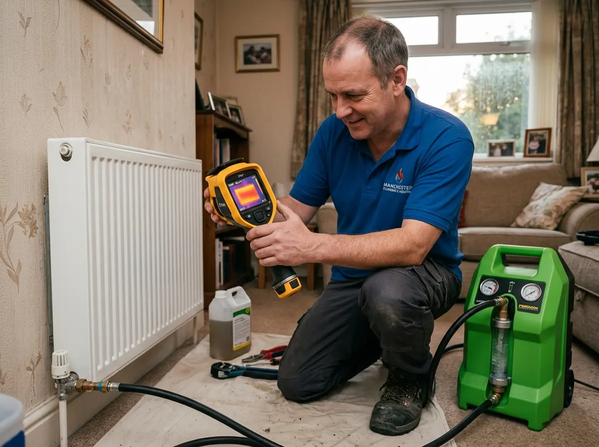 Heating engineer using a thermal imaging camera to verify clear heat circulation in a radiator during a power flush