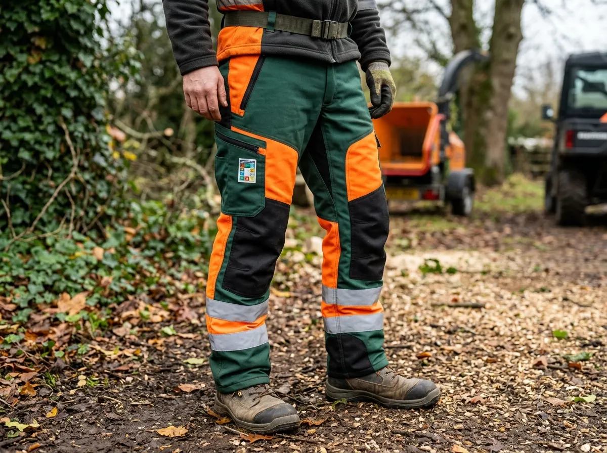 A tradesperson wearing heavy duty cut-resistant chainsaw trousers and safety boots