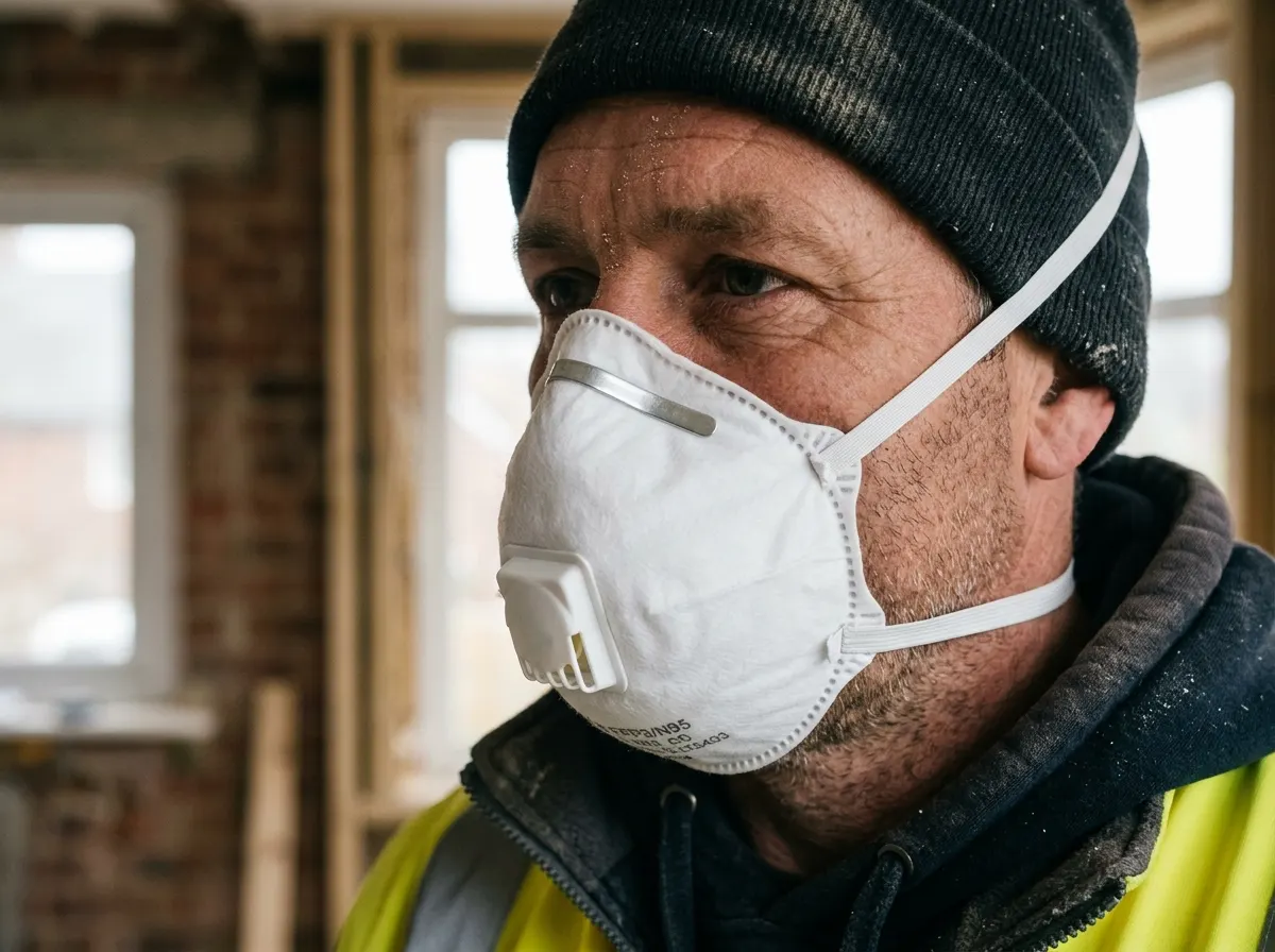 A tradesperson wearing a close-fitting FFP3 mask while concrete dust flies