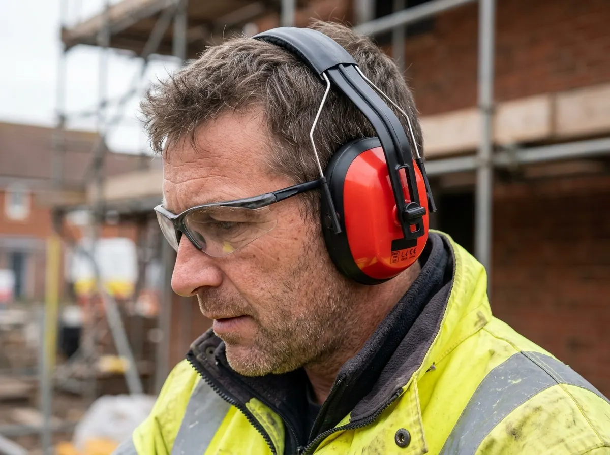 Close up of a construction worker wearing heavy duty industrial ear defenders attached to a hard hat