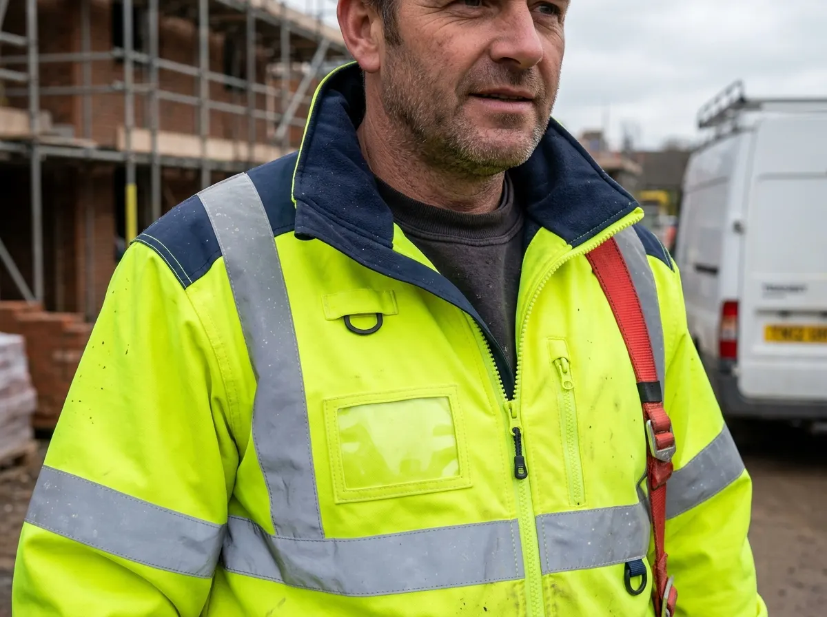 Yellow high visibility vest with reflective strips worn over a jacket