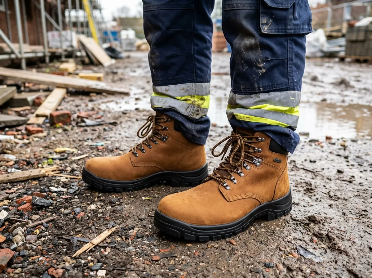 Heavy duty steel toe cap construction safety boots covered in dust
