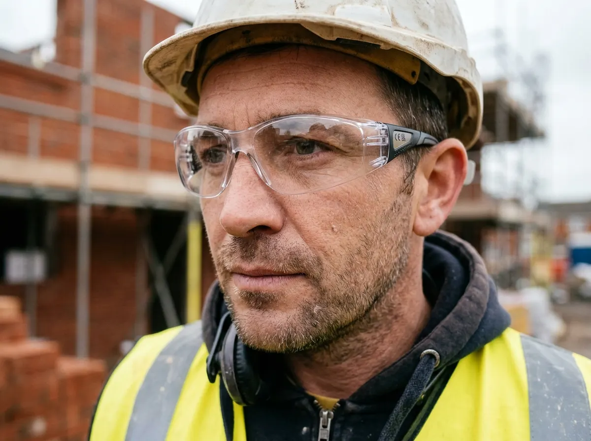Sparks flying as a tradesperson wearing sealed safety goggles grinds metal