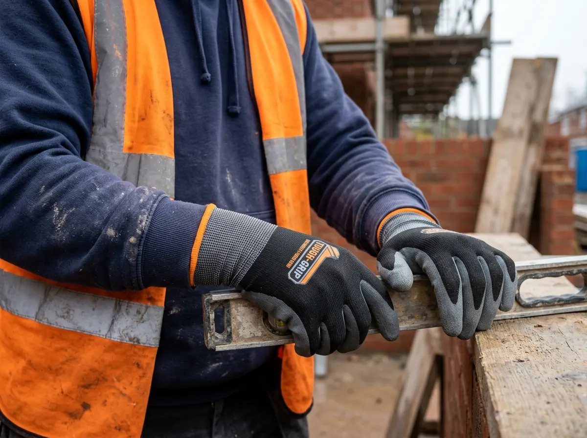 Thick EN388 cut-resistant safety gloves holding a rough masonry brick
