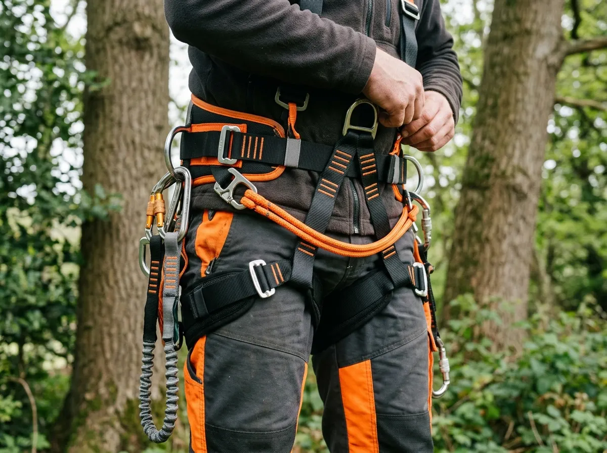 A tradesperson wearing a full body fall arrest safety harness clipped to a secure anchor point