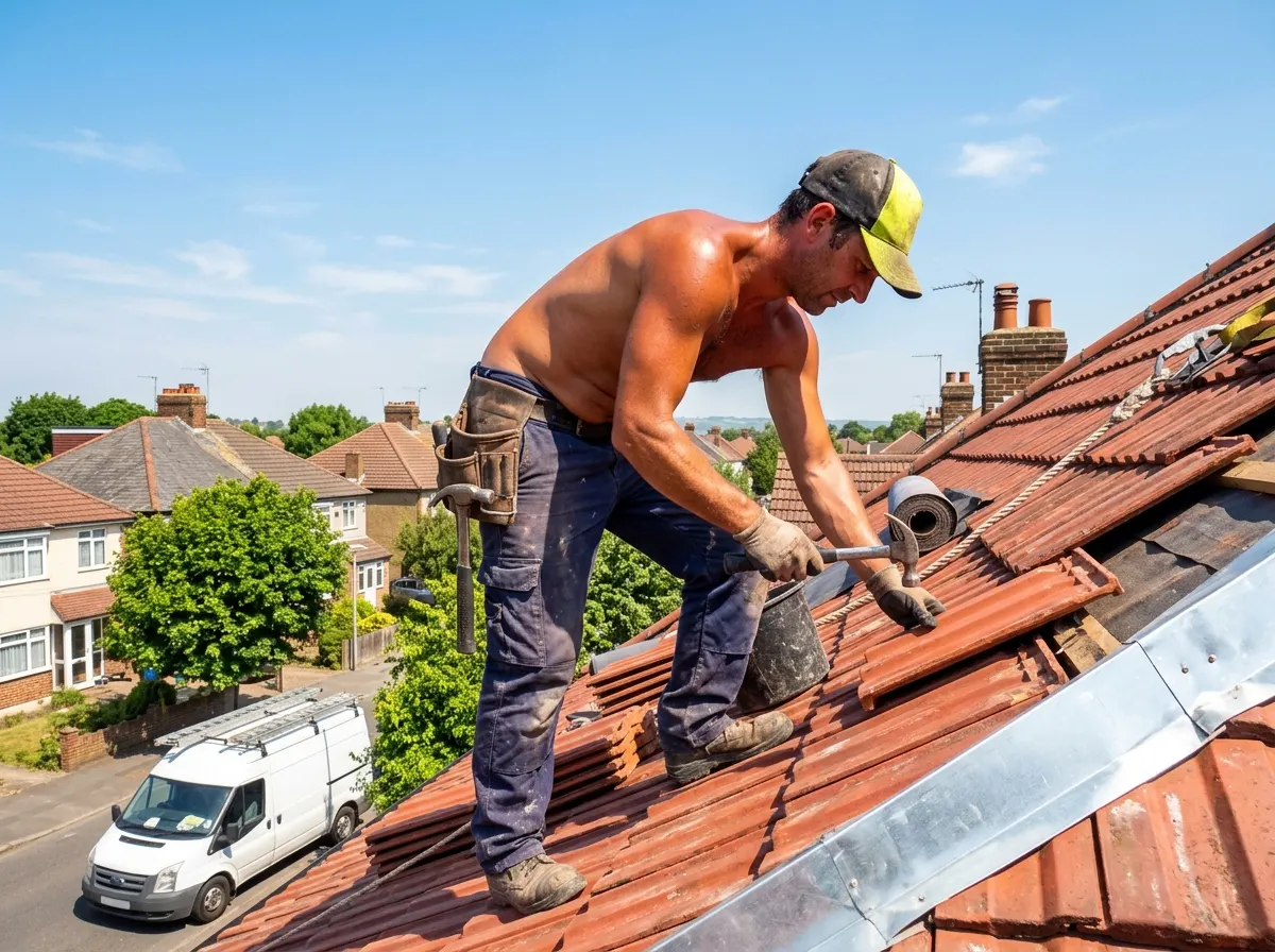 A construction worker applies high-factor sunscreen while working outside on a sunny roof