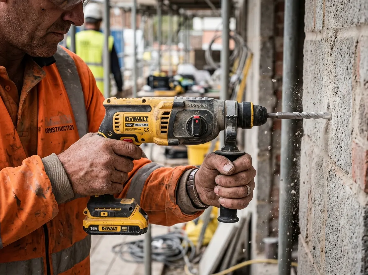 Close up of a worker holding a high-vibration breaker, wearing specialized vibration-dampening gloves
