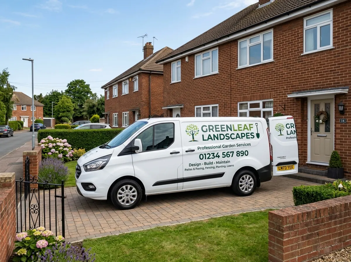 A professional landscaper wearing a branded polo shirt and heavy duty work trousers discussing plans with a client