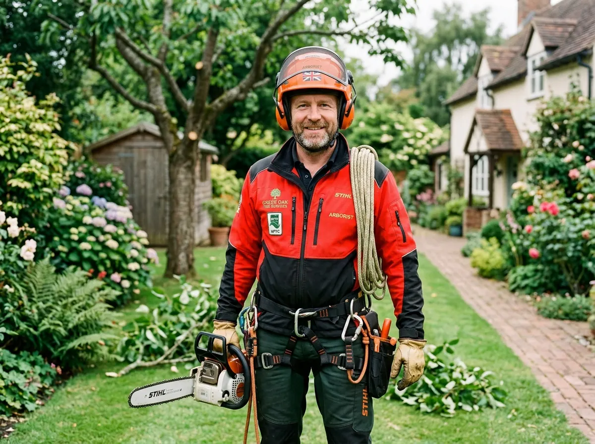 A professional tree surgeon in full PPE including helmet and chainsaw trousers talking to a client