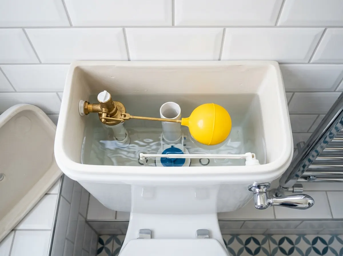 A plumber replacing a faulty fill valve mechanism inside a ceramic toilet cistern