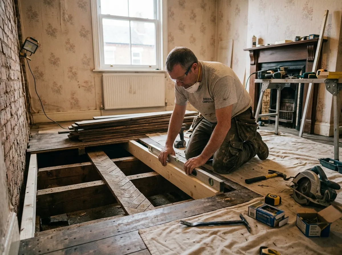Carpenter replacing rotten structural floor joists