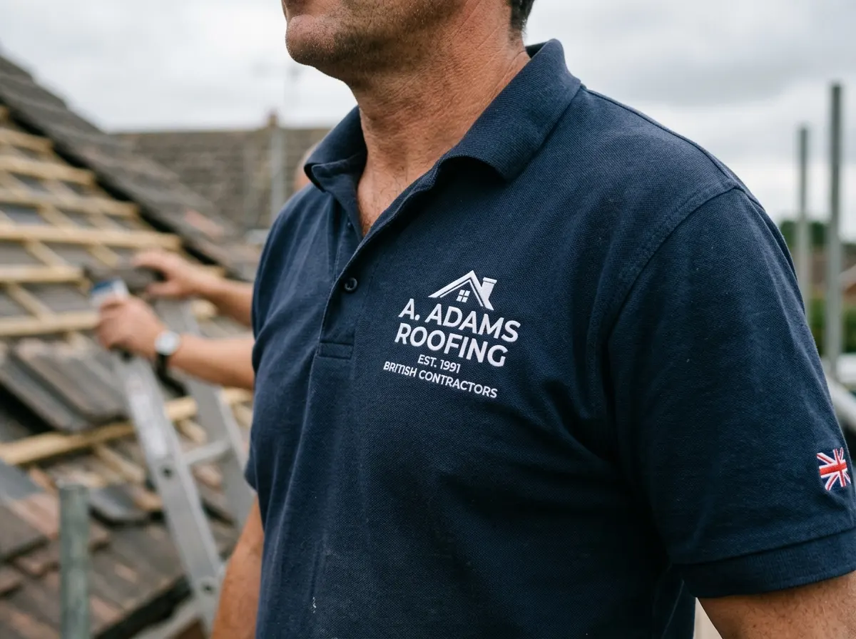 A professional roofer in a branded high-vis jacket handing a detailed quote to a homeowner