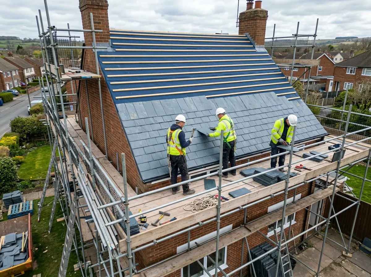Professional UK roofers installing natural slate on a pitched roof via scaffolding