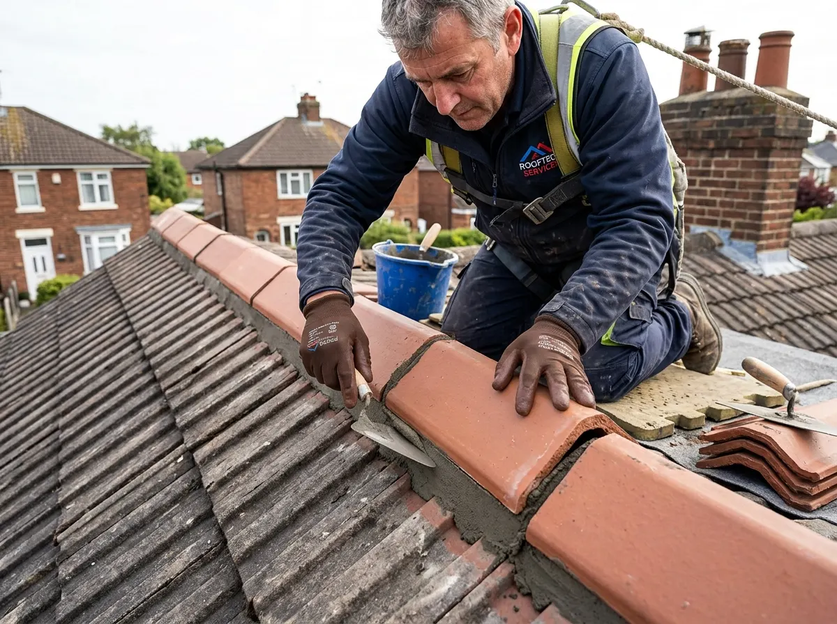 A UK roofer replacing and re-bedding a ridge tile with mortar